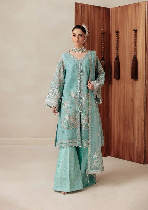 Pastel blue silk dress with subtle net detailing – view 1 – Poshaq