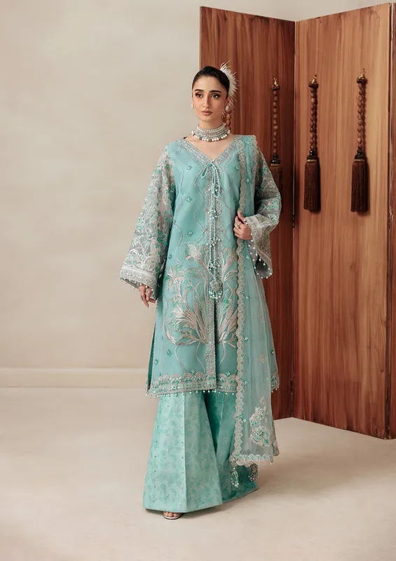 Pastel blue silk dress with subtle net detailing – view 1 – Poshaq