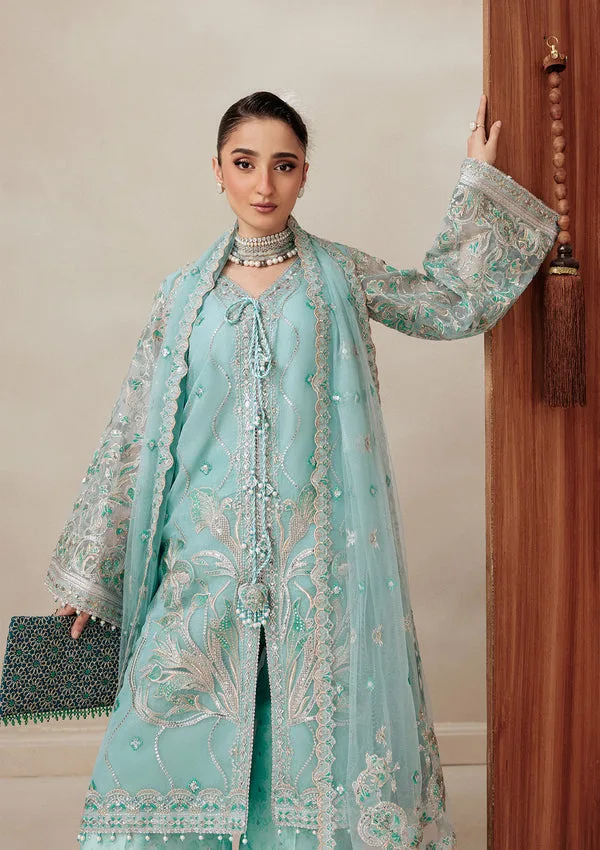 Pastel blue silk dress with subtle net detailing – view 4 – Poshaq