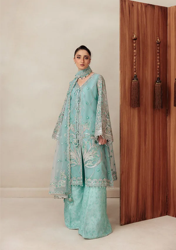 Pastel blue silk dress with subtle net detailing – view 6 – Poshaq