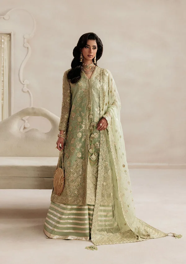 Mint green formal 3‑piece suit with organza shirt, silk pants and embroidered net dupatta – view 1 – Poshaq