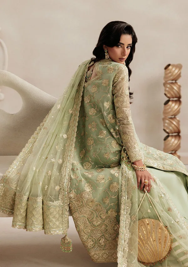 Mint green formal 3‑piece suit with organza shirt, silk pants and embroidered net dupatta – view 2 – Poshaq