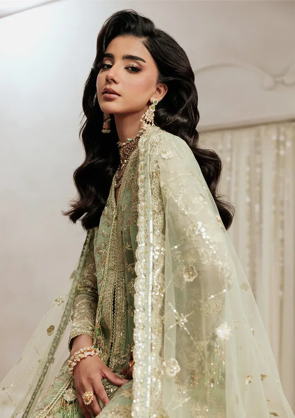 Mint green formal 3‑piece suit with organza shirt, silk pants and embroidered net dupatta – view 3 – Poshaq