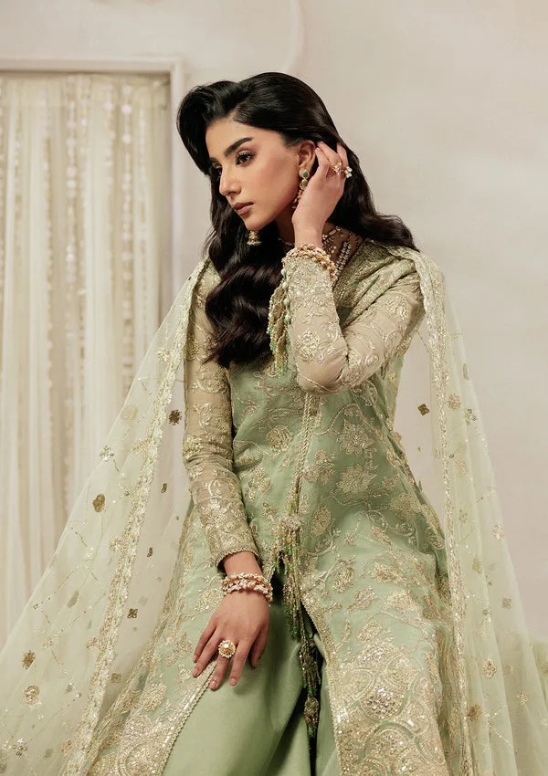 Mint green formal 3‑piece suit with organza shirt, silk pants and embroidered net dupatta – view 4 – Poshaq