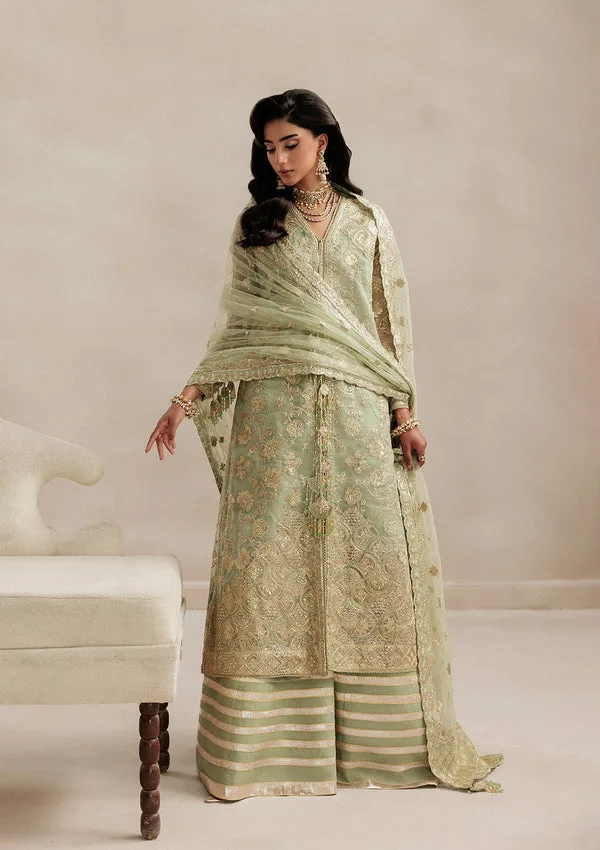 Mint green formal 3‑piece suit with organza shirt, silk pants and embroidered net dupatta – view 5 – Poshaq