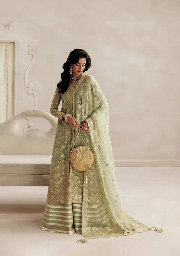 Mint green formal 3‑piece suit with organza shirt, silk pants and embroidered net dupatta – view 6 – Poshaq
