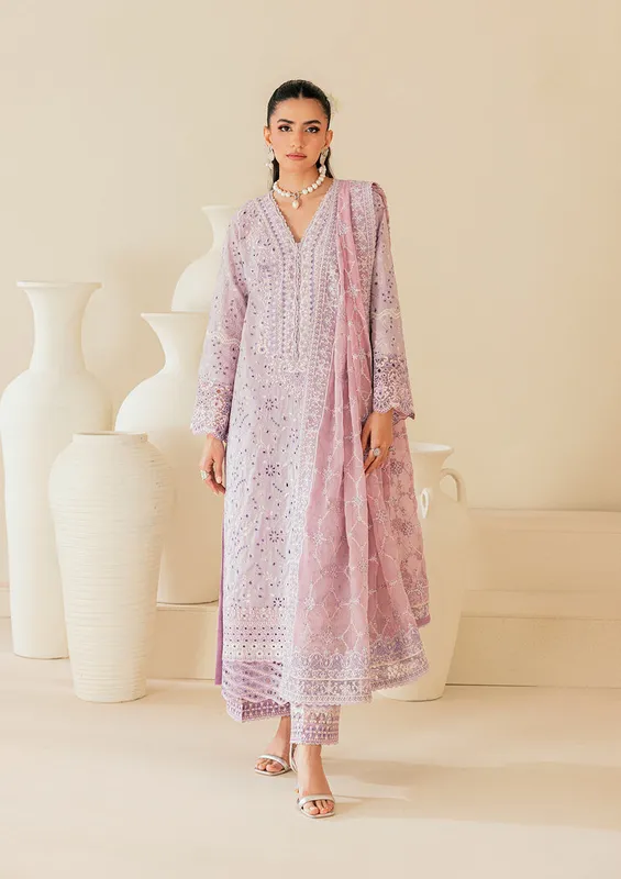 Soft lilac three‑piece lawn set with organza‑trimmed shirt and embroidered chiffon dupatta – view 1 – Poshaq