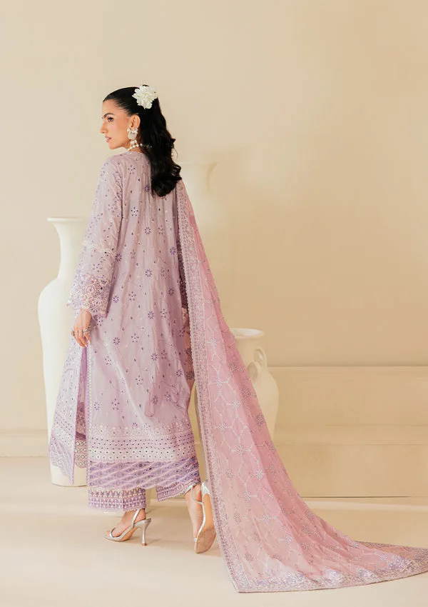 Soft lilac three‑piece lawn set with organza‑trimmed shirt and embroidered chiffon dupatta – view 2 – Poshaq