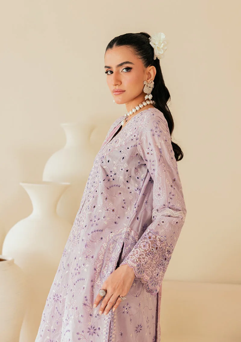 Soft lilac three‑piece lawn set with organza‑trimmed shirt and embroidered chiffon dupatta – view 3 – Poshaq