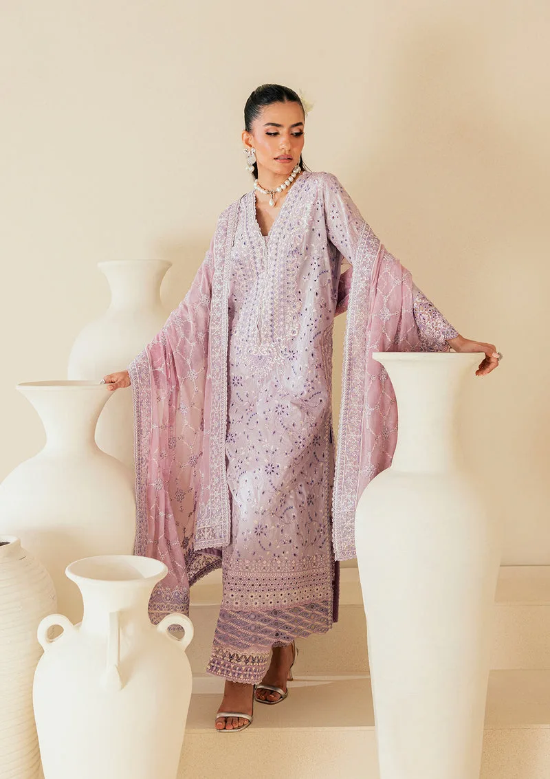 Soft lilac three‑piece lawn set with organza‑trimmed shirt and embroidered chiffon dupatta – view 4 – Poshaq