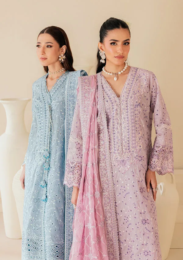 Soft lilac three‑piece lawn set with organza‑trimmed shirt and embroidered chiffon dupatta – view 5 – Poshaq