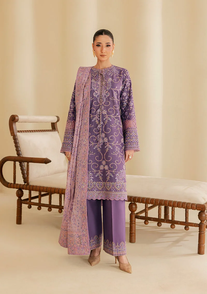 Lavender three‑piece lawn set with embroidered organza shirt, cotton trousers and chiffon dupatta – view 1 – Poshaq