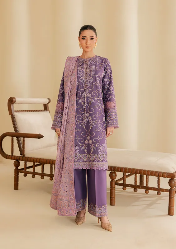 Lavender three‑piece lawn set with embroidered organza shirt, cotton trousers and chiffon dupatta – view 1 – Poshaq