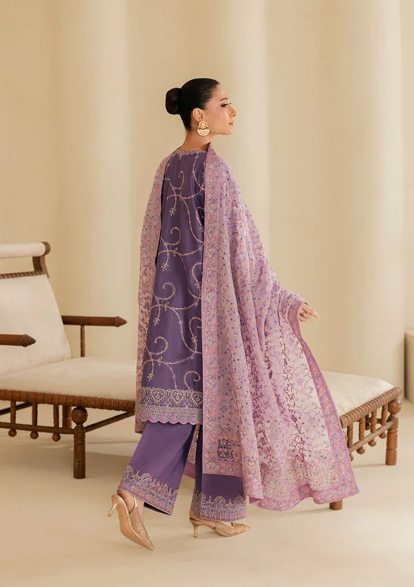 Lavender three‑piece lawn set with embroidered organza shirt, cotton trousers and chiffon dupatta – view 2 – Poshaq