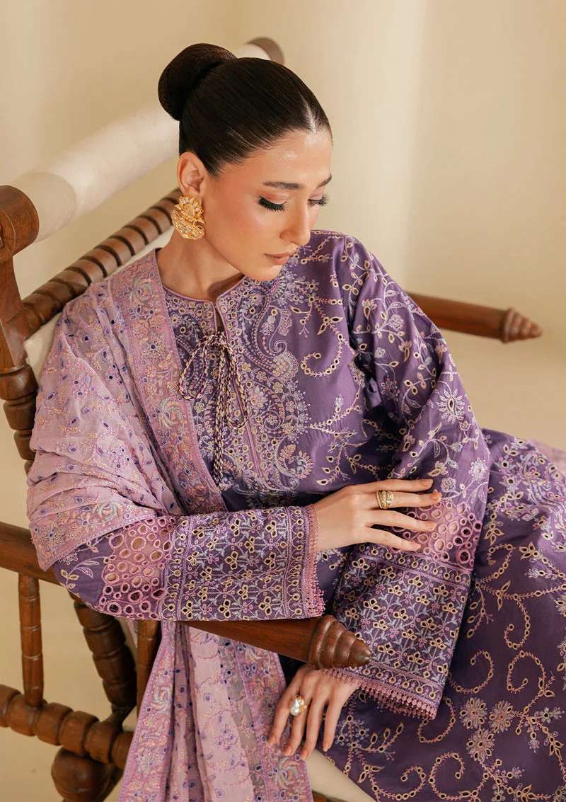 Lavender three‑piece lawn set with embroidered organza shirt, cotton trousers and chiffon dupatta – view 3 – Poshaq