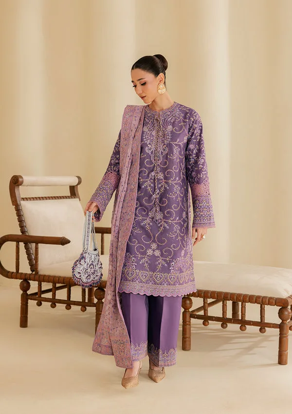 Lavender three‑piece lawn set with embroidered organza shirt, cotton trousers and chiffon dupatta – view 6 – Poshaq