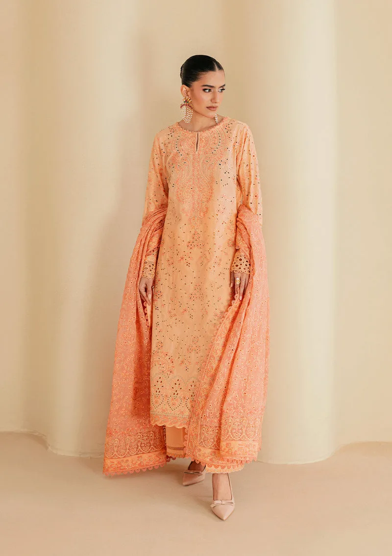 Apricot orange long shirt with embroidered organza detailing – view 1 – Poshaq