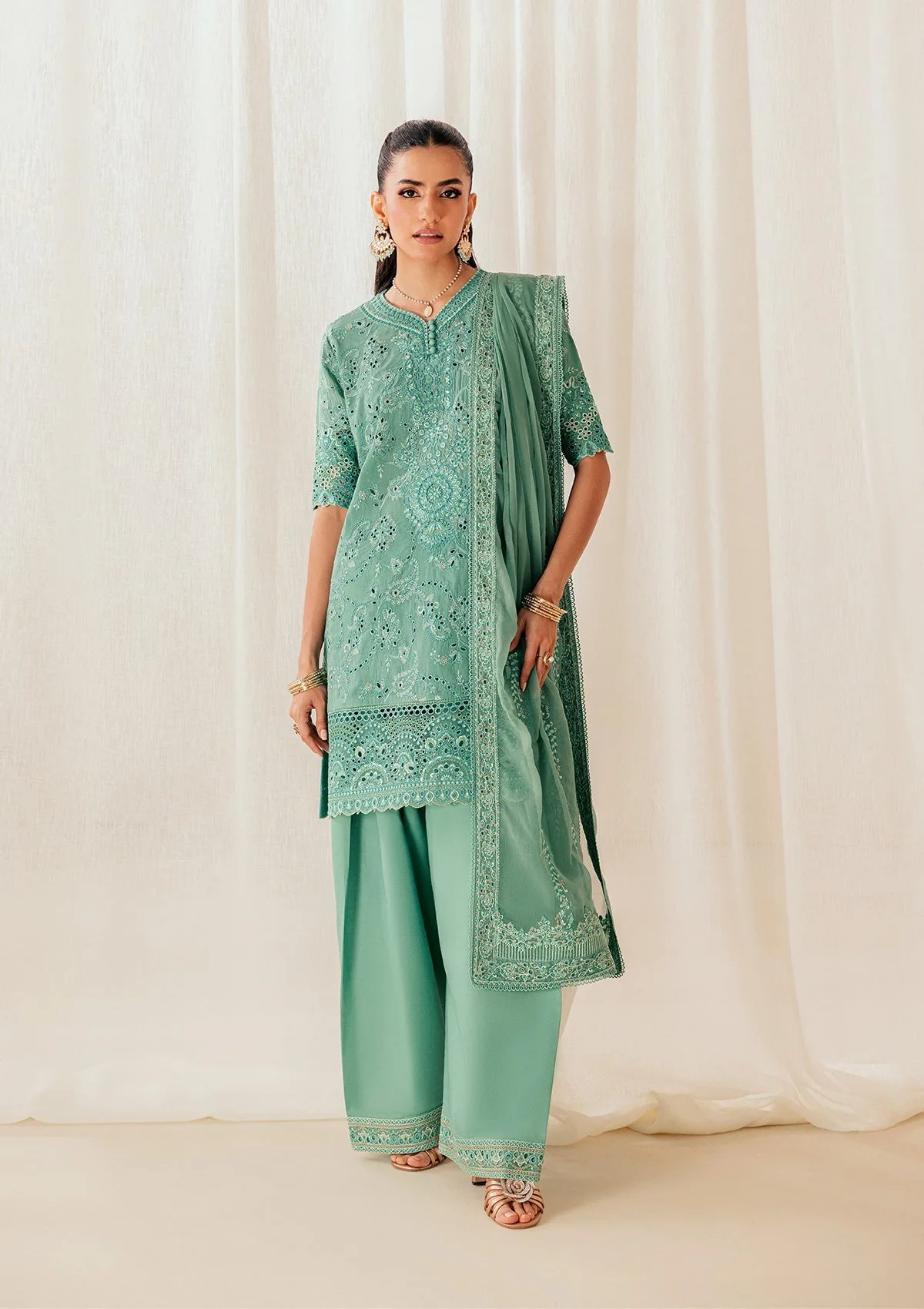 Sea green three‑piece lawn set with organza embroidered shirt and chiffon dupatta – view 1 – Poshaq
