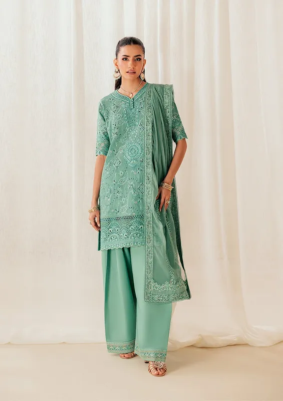 Sea green three‑piece lawn set with organza embroidered shirt and chiffon dupatta – view 1 – Poshaq