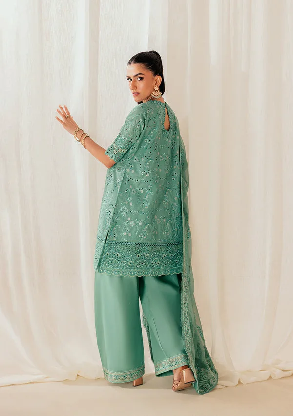 Sea green three‑piece lawn set with organza embroidered shirt and chiffon dupatta – view 2 – Poshaq