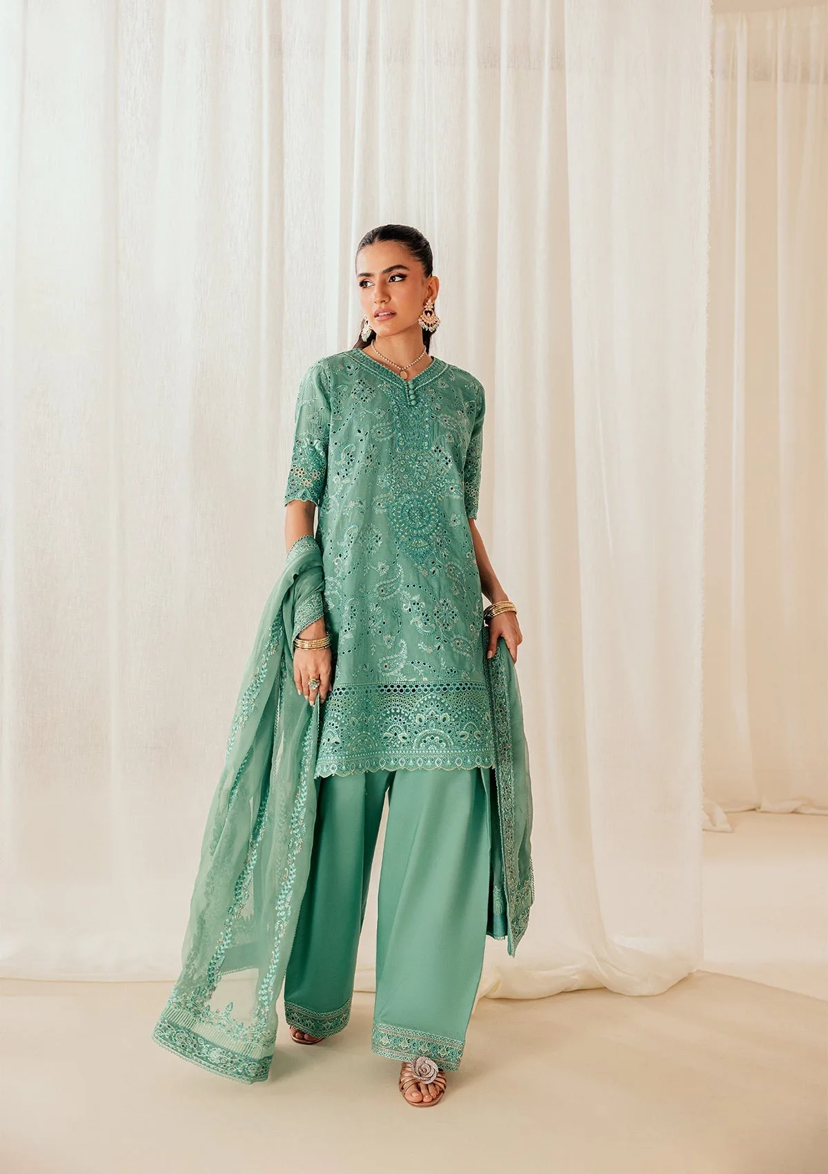 Sea green three‑piece lawn set with organza embroidered shirt and chiffon dupatta – view 4 – Poshaq