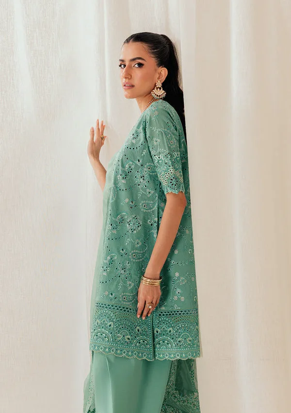 Sea green three‑piece lawn set with organza embroidered shirt and chiffon dupatta – view 5 – Poshaq