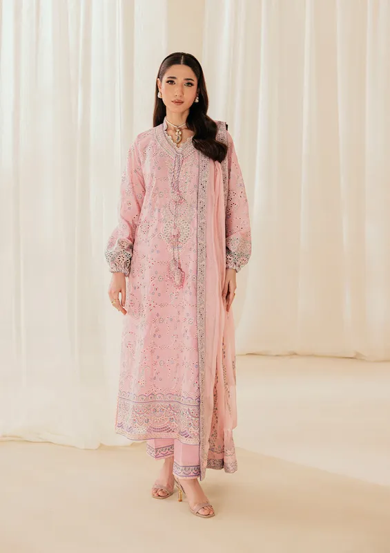 Pink long shirt with embroidered organza detailing – view 1 – Poshaq