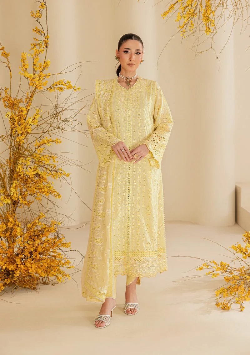 Dust yellow three‑piece lawn suit with embroidered silk and organza details – view 1 – Poshaq