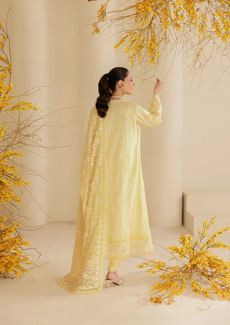 Dust yellow three‑piece lawn suit with embroidered silk and organza details – view 2 – Poshaq