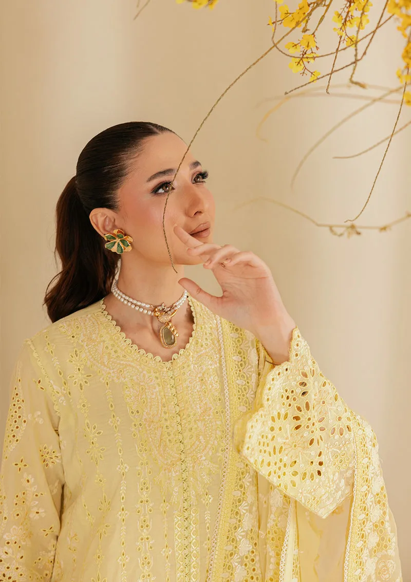 Dust yellow three‑piece lawn suit with embroidered silk and organza details – view 3 – Poshaq