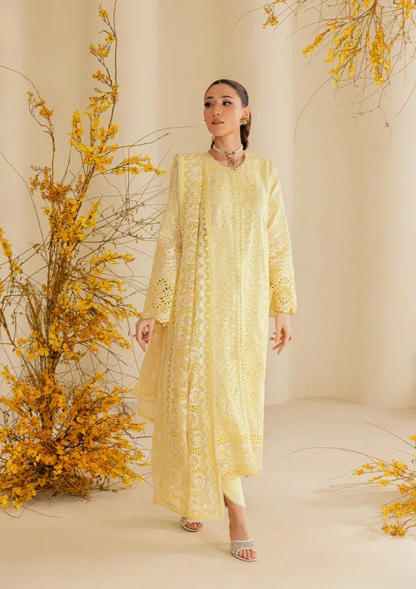 Dust yellow three‑piece lawn suit with embroidered silk and organza details – view 4 – Poshaq
