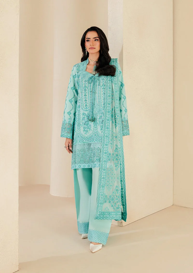 Ferozi three‑piece lawn set with embroidered organza shirt, cotton trousers and chiffon dupatta – view 1 – Poshaq