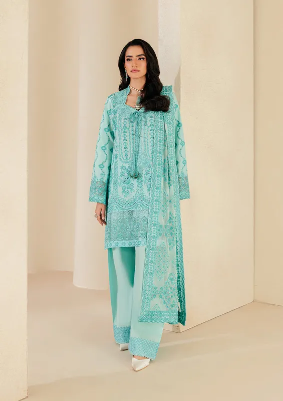 Ferozi three‑piece lawn set with embroidered organza shirt, cotton trousers and chiffon dupatta – view 1 – Poshaq