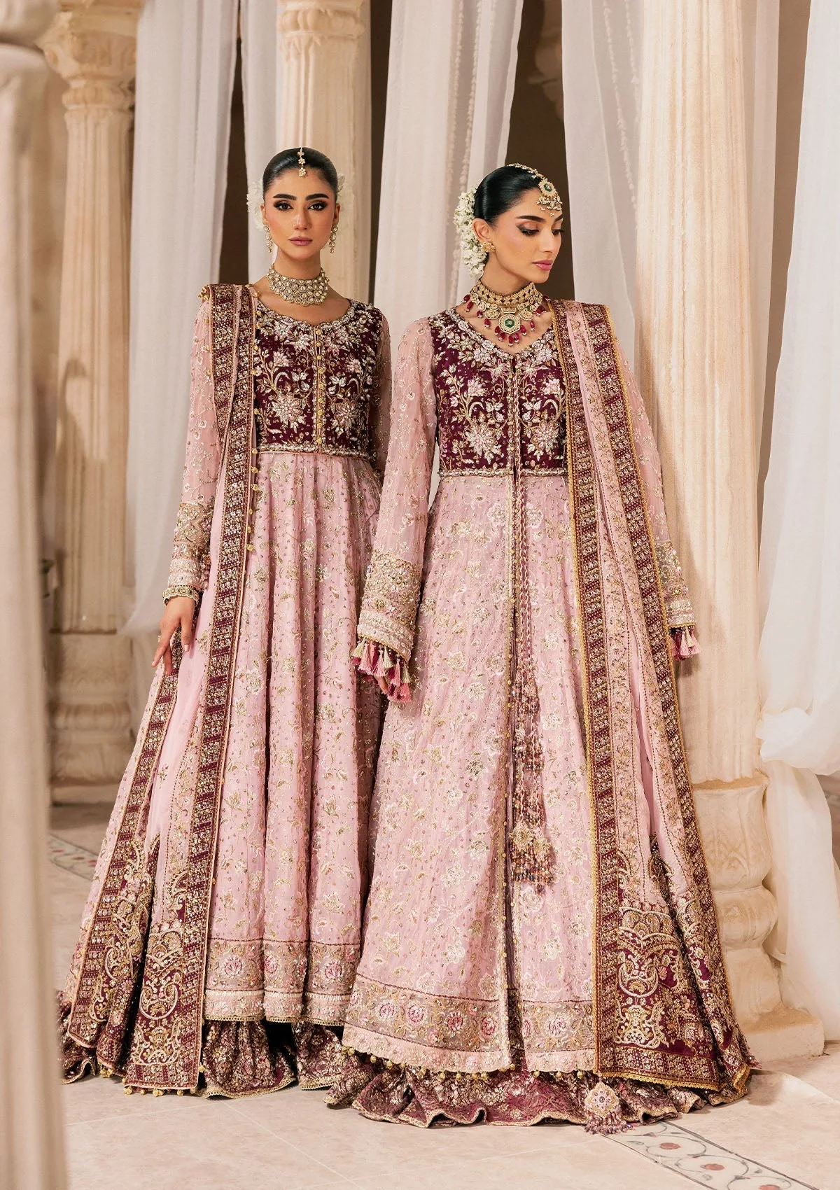 Pink bridal three‑piece suit with embroidered organza shirt, silk trousers and chiffon dupatta – view 1 – Poshaq