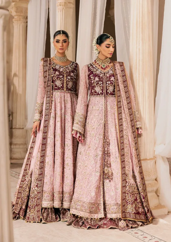 Pink bridal three‑piece suit with embroidered organza shirt, silk trousers and chiffon dupatta – view 1 – Poshaq