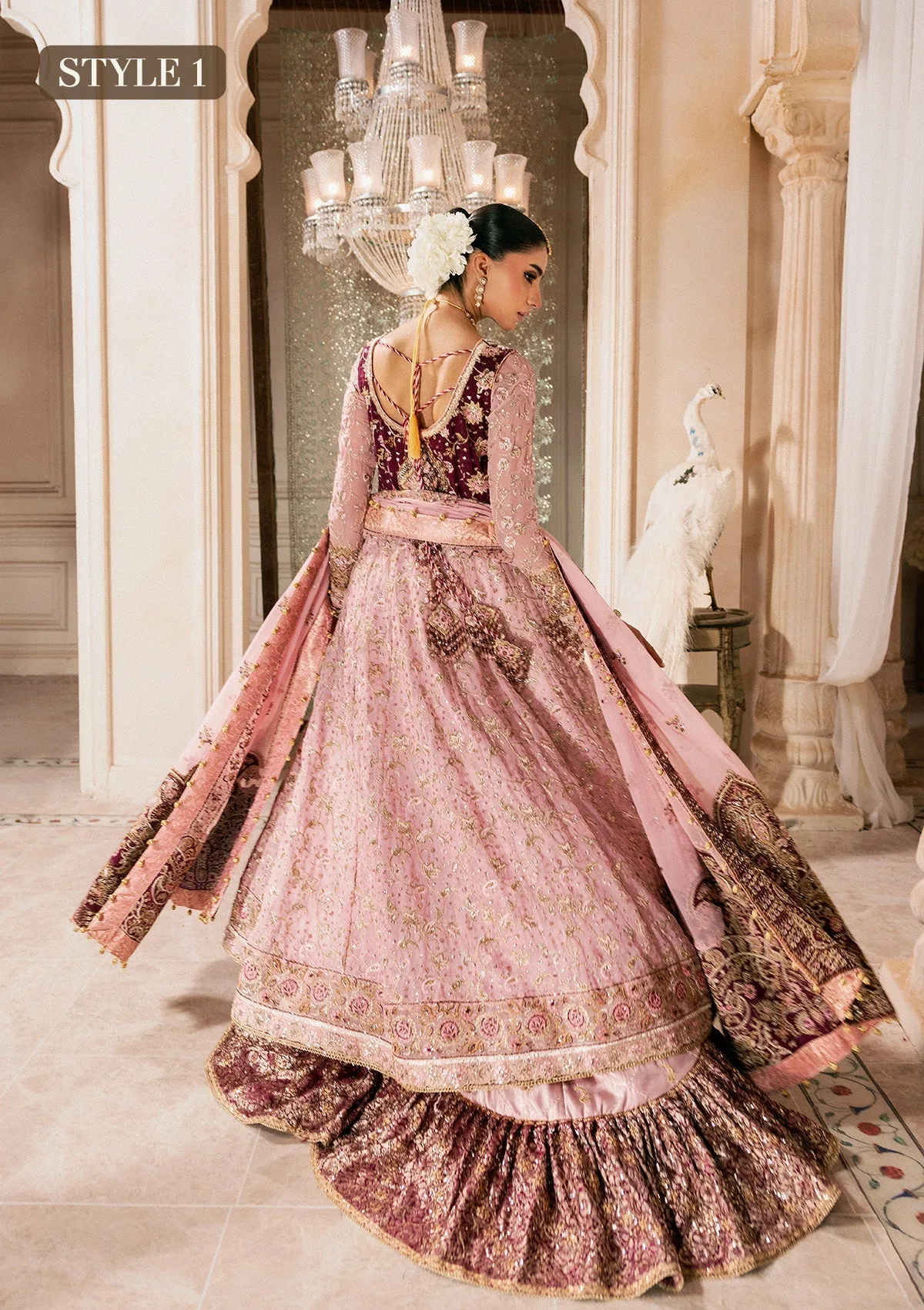 Pink bridal three‑piece suit with embroidered organza shirt, silk trousers and chiffon dupatta – view 6 – Poshaq