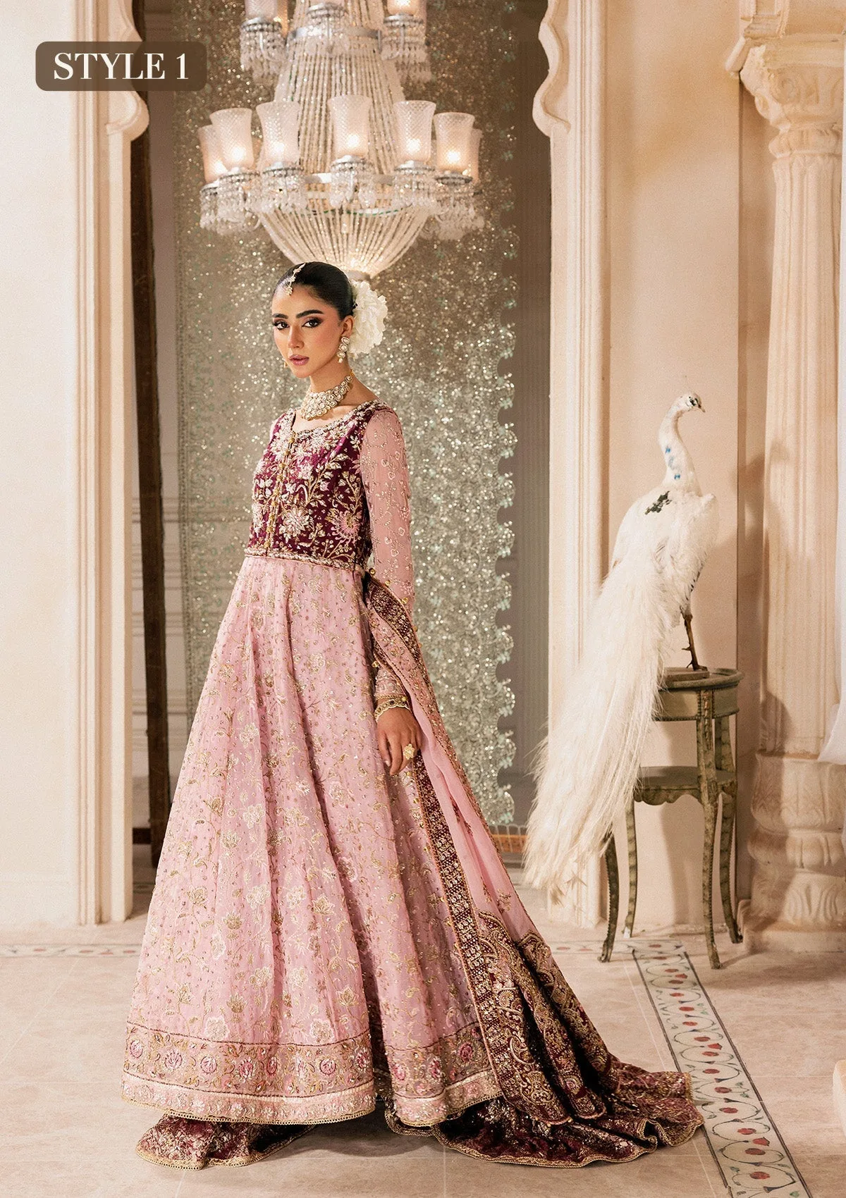 Pink bridal three‑piece suit with embroidered organza shirt, silk trousers and chiffon dupatta – view 7 – Poshaq
