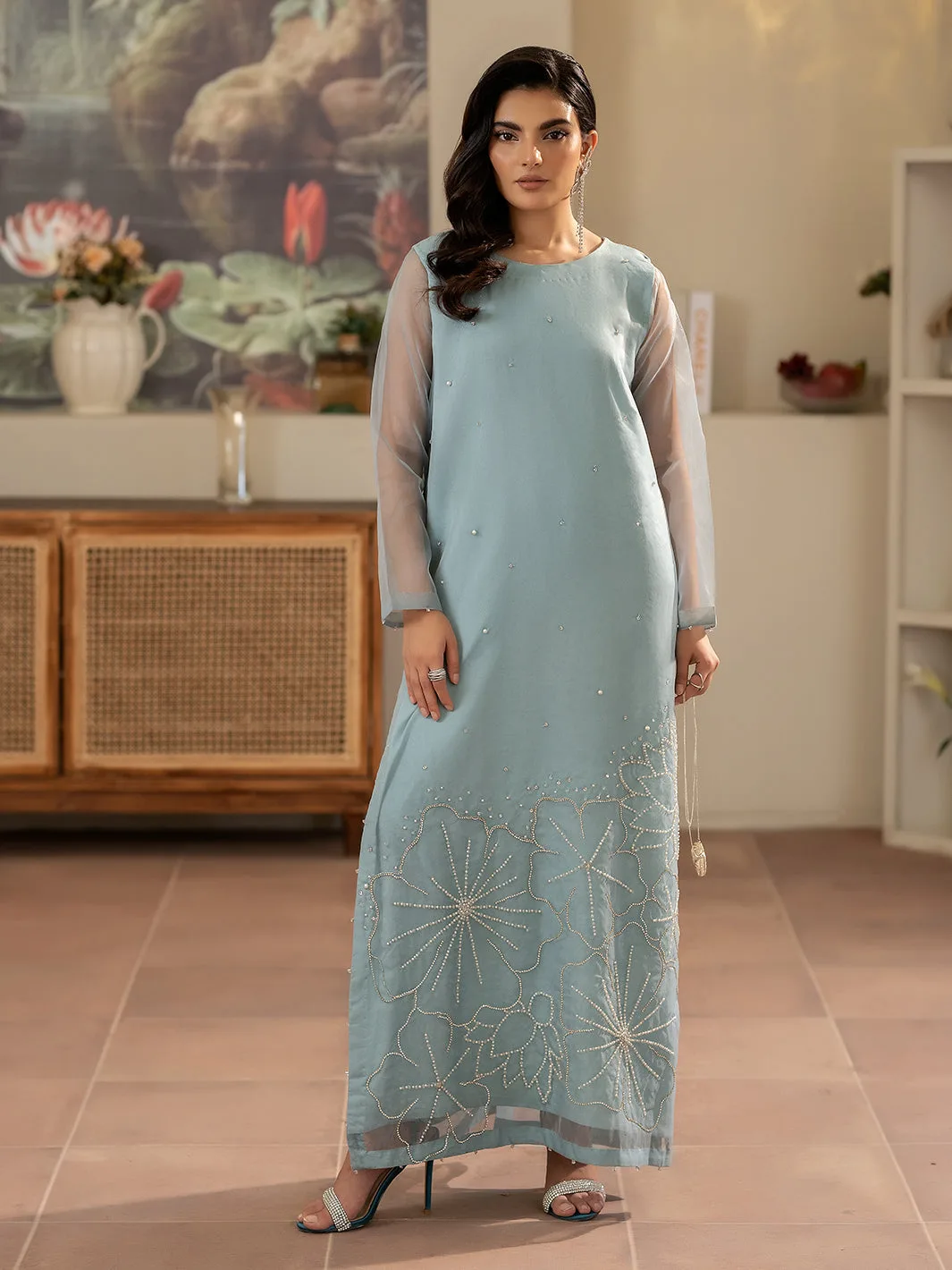 Ice blue organza long shirt with matching viscose trousers, featuring subtle crystal-like embellishm – view 1 – Poshaq