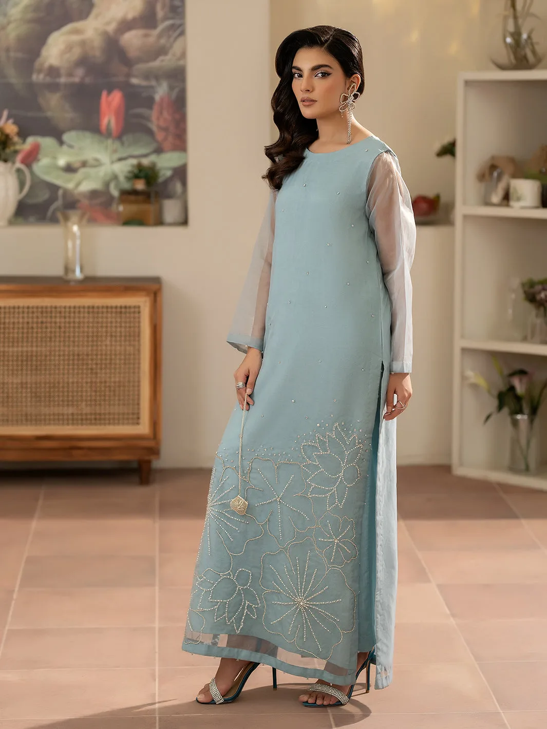 Ice blue organza long shirt with matching viscose trousers, featuring subtle crystal-like embellishm – view 2 – Poshaq