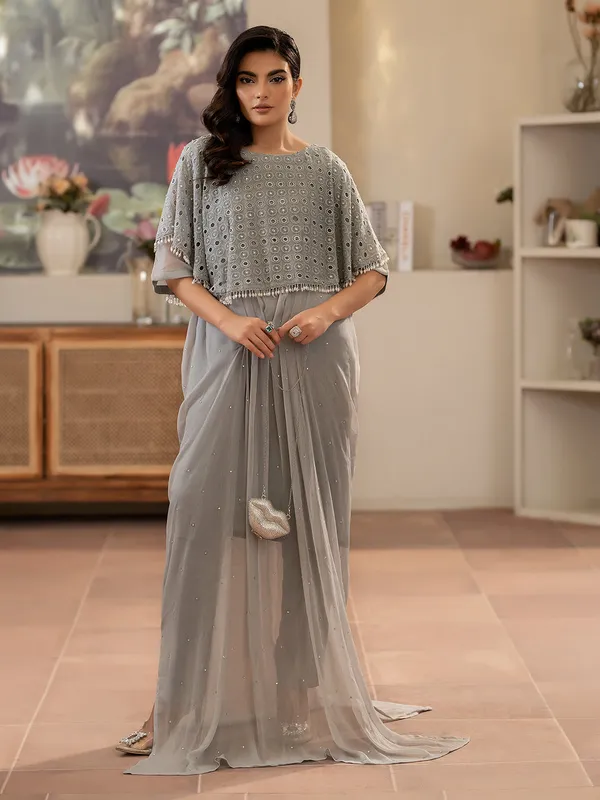 Grey chiffon jacket with diamond embroidery – view 1 – Poshaq