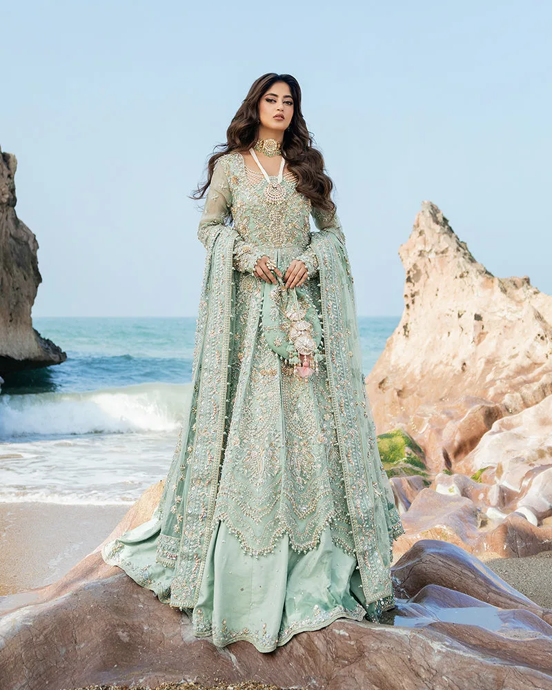 Mint aqua raw silk bridal lehenga with organza and net detailing – view 1 – Poshaq