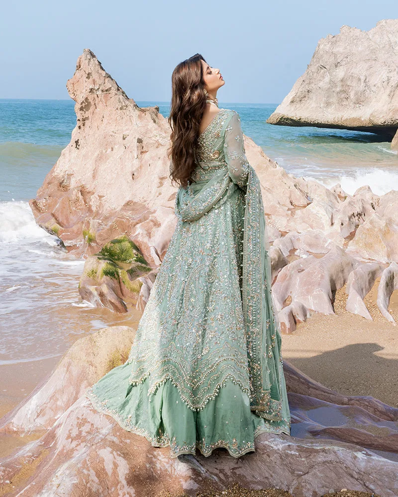 Mint aqua raw silk bridal lehenga with organza and net detailing – view 2 – Poshaq