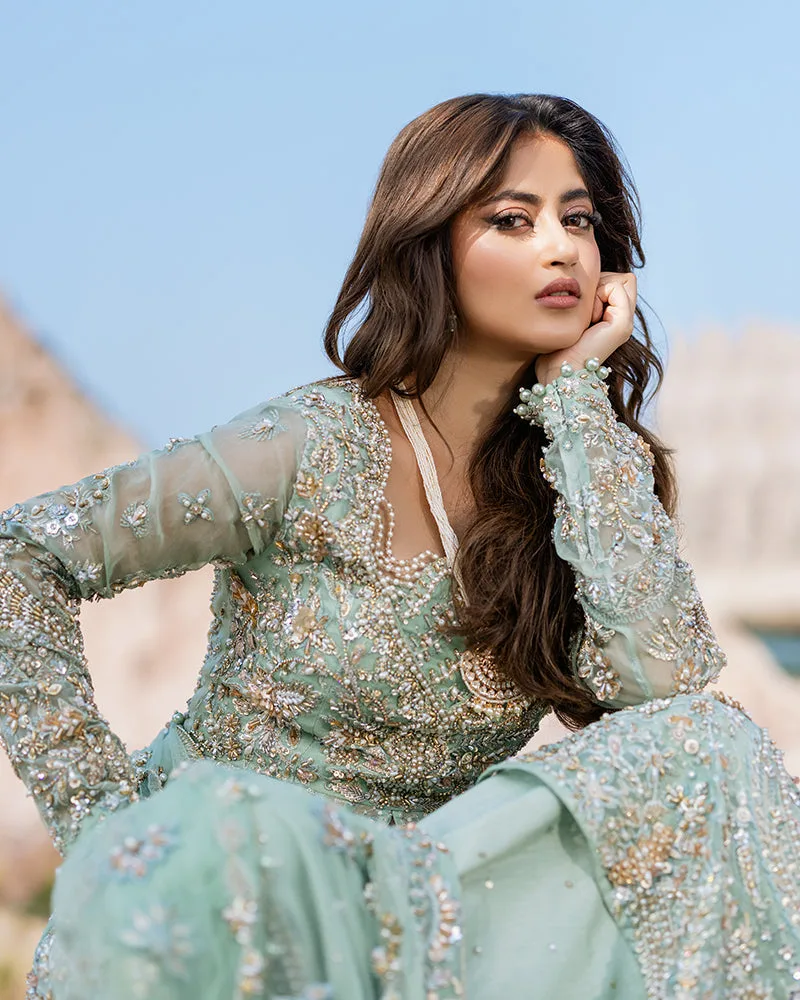 Mint aqua raw silk bridal lehenga with organza and net detailing – view 3 – Poshaq