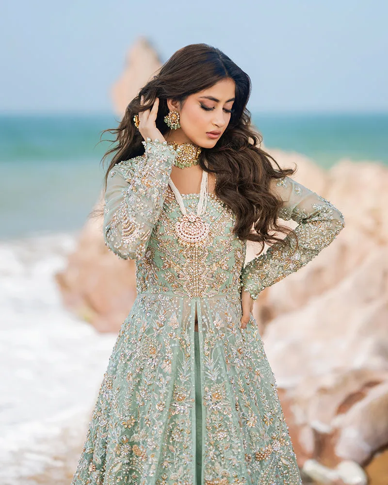 Mint aqua raw silk bridal lehenga with organza and net detailing – view 4 – Poshaq