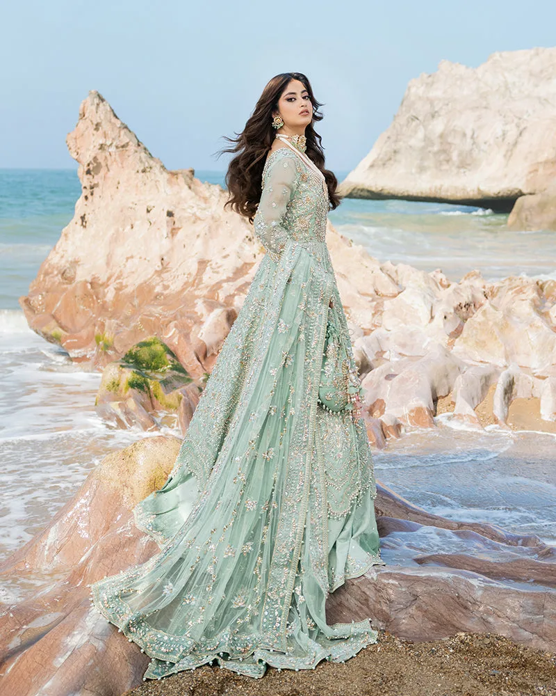 Mint aqua raw silk bridal lehenga with organza and net detailing – view 6 – Poshaq