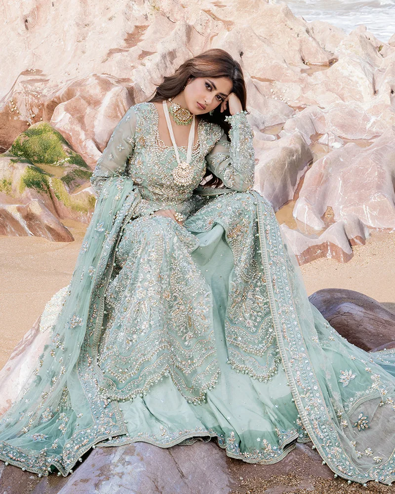Mint aqua raw silk bridal lehenga with organza and net detailing – view 7 – Poshaq
