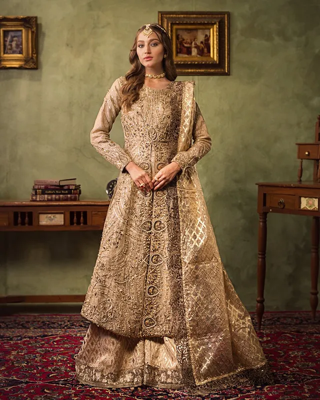 Gold bridal frock with organza and net detailing – view 1 – Poshaq