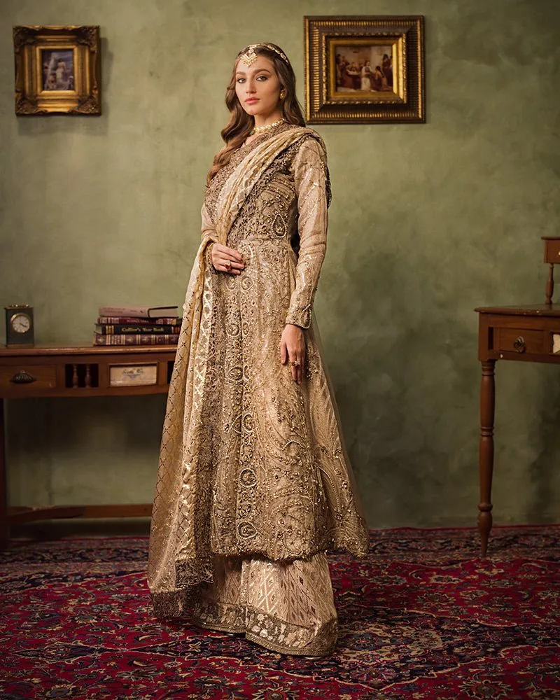 Gold bridal frock with organza and net detailing – view 2 – Poshaq