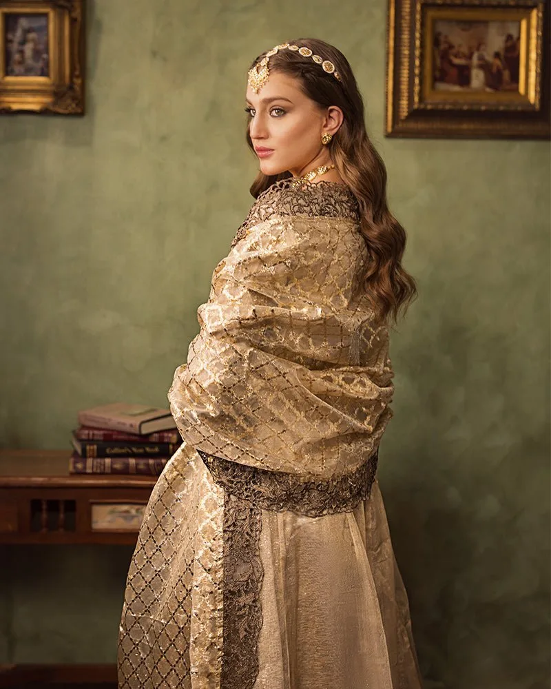 Gold bridal frock with organza and net detailing – view 3 – Poshaq