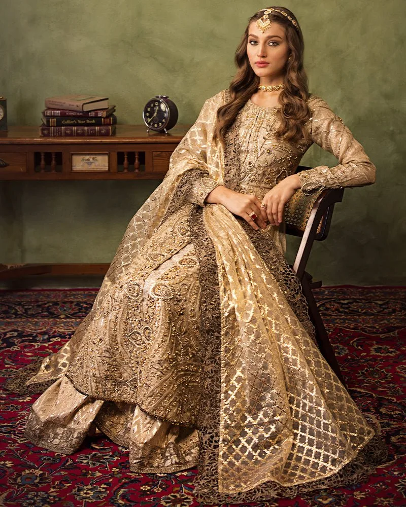 Gold bridal frock with organza and net detailing – view 4 – Poshaq